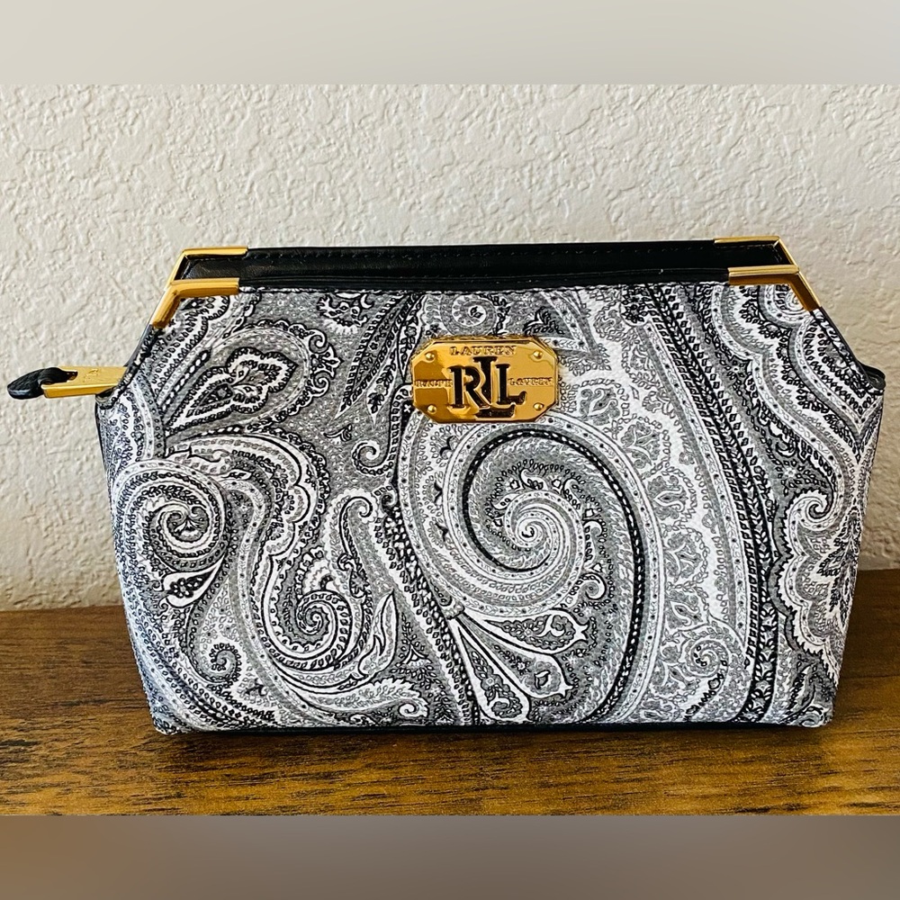 Lauren, Ralph Lauren, gray white, black paisley, big leather clutch NWOT